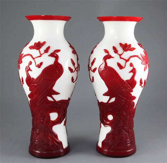 A pair of large Chinese overlaid glass vases, 20th century, 35cm
